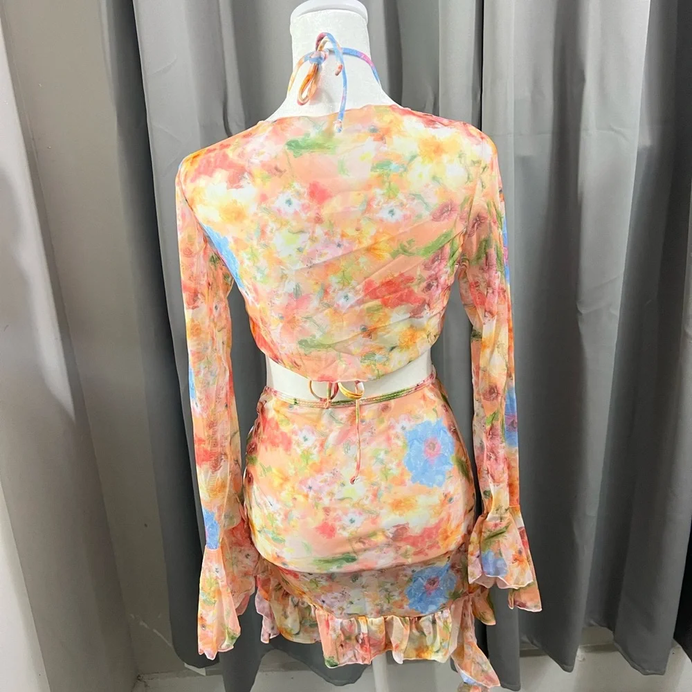 New 4 Piece Bikini Top Skirt Cover Up Tropical Pink Orange Yellow Cruise‎ Sz S